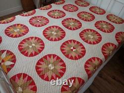 Excellent and Early! Antique Red & Brown Compass Star Quilt 80x68