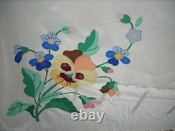 Exceptional Vintage/Antique Applique QUILT Top Spread Hand Made PANSIES Floral