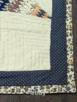 Exquisite Antique Handmade Quilt Lone Star 86x 86 Brown Blue Beige Hand Stich