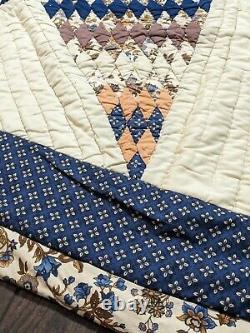 Exquisite Antique Handmade Quilt Lone Star 86x 86 Brown Blue Beige Hand Stich