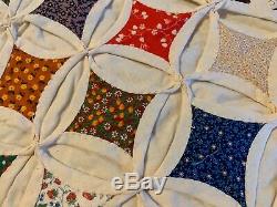 Exquisite Vintage 1960s Hand Stitched Cathedral Window Calico 85 X 59 Quilt