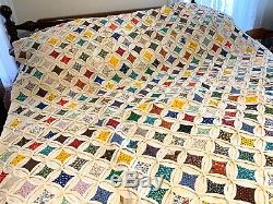 Exquisite Vintage 1960s Hand Stitched Cathedral Window Calico 85 X 59 Quilt