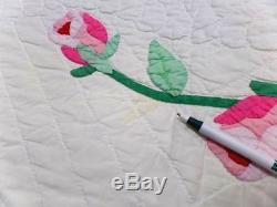 Exquisite Vintage Applique Pink Roses Bow Quilt Handmade 74 x 86