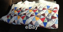 Extra Large Vintage Handmade Triangle Circle Embroidered & Appliqué QUILT