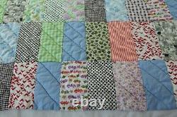 FLAW Vintage Novelty Print Colorful Scrappy Patchwork Quilt 77 x 75 Handmade