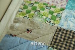 FLAW Vintage Novelty Print Colorful Scrappy Patchwork Quilt 77 x 75 Handmade