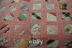 FLAW WORN Handmade Feedsack Quilt Old Early Pink Square 85 x 74 country Antique
