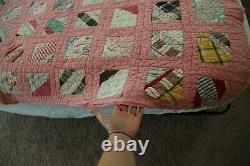 FLAW WORN Handmade Feedsack Quilt Old Early Pink Square 85 x 74 country Antique