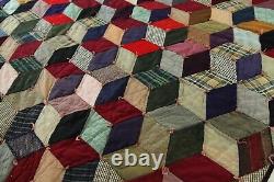 FLAWS Antique Patchwork Hand Tied Tumbling Blocks Quilt 77 x 70 Old Early