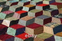 FLAWS Antique Patchwork Hand Tied Tumbling Blocks Quilt 77 x 70 Old Early