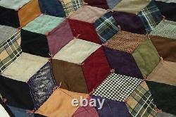 FLAWS Antique Patchwork Hand Tied Tumbling Blocks Quilt 77 x 70 Old Early