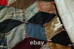 FLAWS Antique Patchwork Hand Tied Tumbling Blocks Quilt 77 x 70 Old Early