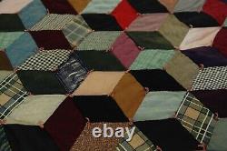 FLAWS Antique Patchwork Hand Tied Tumbling Blocks Quilt 77 x 70 Old Early