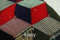 FLAWS Antique Patchwork Hand Tied Tumbling Blocks Quilt 77 x 70 Old Early