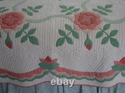 Fabulous Vintage Quilt Appliqued, Hand Quilted Pinks, Green, Swags 83 x 86