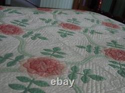 Fabulous Vintage Quilt Appliqued, Hand Quilted Pinks, Green, Swags 83 x 86