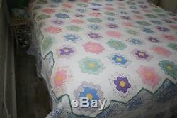 Fantastic Vintage Handmade Grandmother's Flower Garden Quilt Feed Sack Fabric