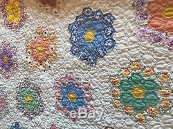 Fantastic Vintage Handmade Grandmother's Flower Garden Quilt Feed Sack Fabric
