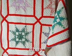 GORGEOUS Vintage 30's Feathered Star Snowflake Garden Maze Antique Quilt WOW