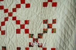 GORGEOUS Vintage Double 9-Patch Red Postage Stamp Antique Quilt EARLY FABRICS