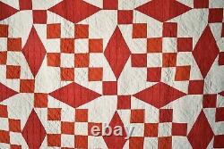 GRAPHIC Vintage 1890's Red & White Diamonds & Squares Antique Quilt