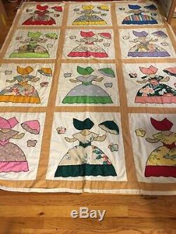 Giant Handmade Quilt Ladies In Dresses With Umbrella Different Colors Vintage