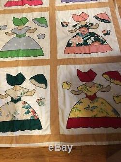 Giant Handmade Quilt Ladies In Dresses With Umbrella Different Colors Vintage