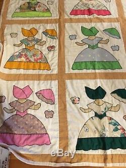 Giant Handmade Quilt Ladies In Dresses With Umbrella Different Colors Vintage