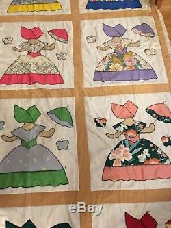 Giant Handmade Quilt Ladies In Dresses With Umbrella Different Colors Vintage