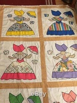 Giant Handmade Quilt Ladies In Dresses With Umbrella Different Colors Vintage