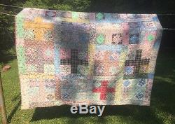 Gorgeous True Vintage Feed Sack Hand Made Sewn Quilt Colorful Bright 72x84