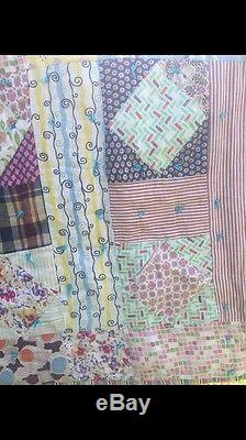 Gorgeous True Vintage Feed Sack Hand Made Sewn Quilt Colorful Bright 72x84
