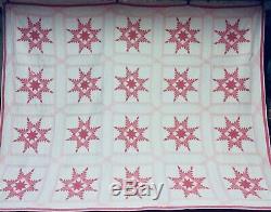 Gorgeous Vintage Handmade Pink & White Feather Edge Star Quilt