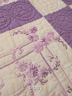 Gorgeous Vintage Homemade Hand Embroidered Hand Quilted Full Size Quilt