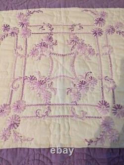 Gorgeous Vintage Homemade Hand Embroidered Hand Quilted Full Size Quilt