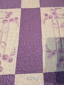 Gorgeous Vintage Homemade Hand Embroidered Hand Quilted Full Size Quilt