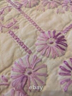 Gorgeous Vintage Homemade Hand Embroidered Hand Quilted Full Size Quilt