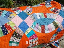 Gorgeous Vtg BRIGHT ORANGE Double Wedding Ring Quilt-Handmade-Hand Quilted 90x80