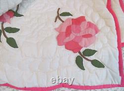 GorgeousHandmade Pink ROSES Appliqued Quilt 90x76Hand QuiltedNicely Made