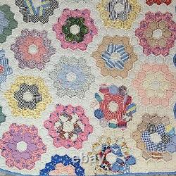 Grandmother's Flower Garden Vintage Handmade Hand Stitched Quilt 64 X 75
