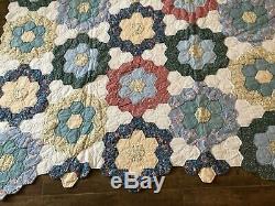 Grandmother's Flower Garden patchwork handmade quilt 77 x 78 vintage honeycomb