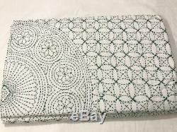 Green Kantha Quilt Bedspread Cotton Handmade Indian Blanket King Size, Crazy