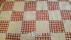 HAND SEWN VINTAGE ANTIQUE HAND MADE 58 x 82 RED & WHITE TINY DIAMONDS QUILT