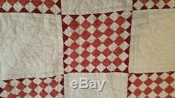 HAND SEWN VINTAGE ANTIQUE HAND MADE 58 x 82 RED & WHITE TINY DIAMONDS QUILT
