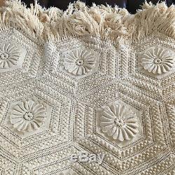 HANDMADE 80 X 100 Afghan Knit Vintage 3D Quilt Blanket Tassel Bohemian Crochet