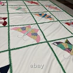 HANDMADE Buterfly QUILT RAISED Multicolored Green WHITE Vintage Retro