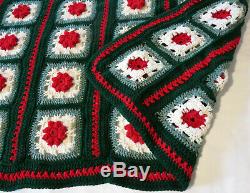 HANDMADE Crochet AFGHAN Knit THROW vtg CHRISTMAS FLOWERS Quilt COUCH Bed BLANKET