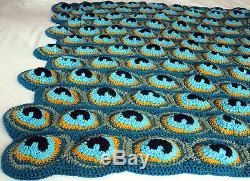 HANDMADE Crochet AFGHAN Knit THROW vtg a PEACOCK FEATHER EYE Quilt COUCH BLANKET