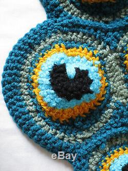 HANDMADE Crochet AFGHAN Knit THROW vtg a PEACOCK FEATHER EYE Quilt COUCH BLANKET