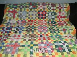 HANDMADE VINTAGE PATCHWORK QUILT 112 x 76 2 SQUARES COUNTRY COLORFUL